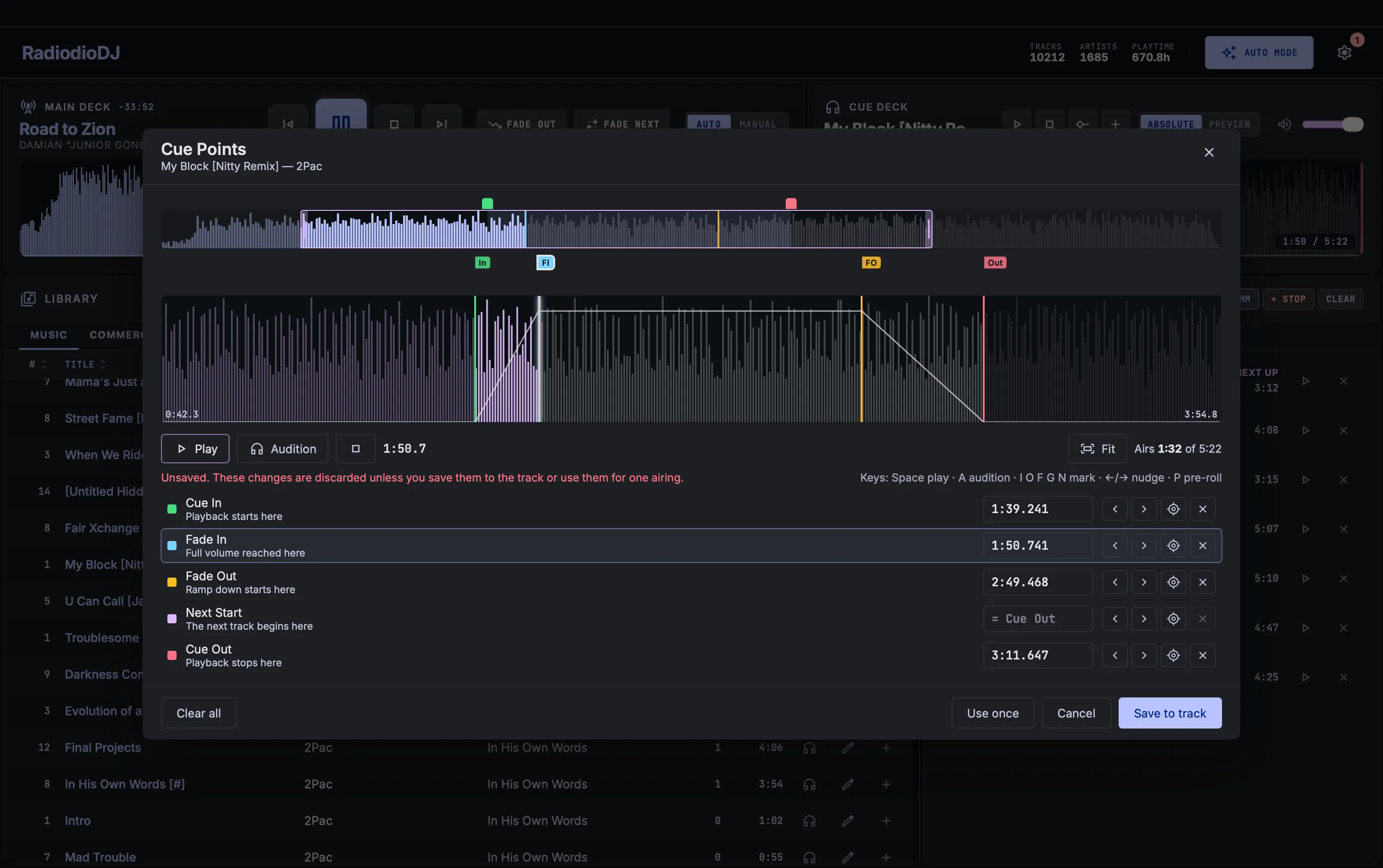 The cue point editor: five markers on a two-strip waveform, with nudge and audition controls